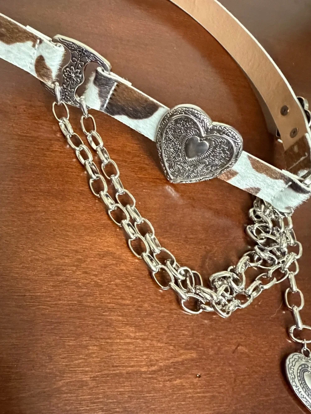 Haute Hippie Cow Print faux fur Hair-on-Hide Heart Chain Belt NWT